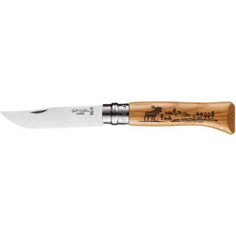 Нож OPINEL №8 ANIMALIA, нержавеющая сталь, рукоять дуб, гравировка лось