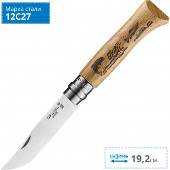 Нож OPINEL №8, нержавеющая сталь, рукоять дуб, гравировка рыба, 002334 Нож OPINEL №8, нержавеющая сталь, рукоять дуб, гравировка рыба, 002334